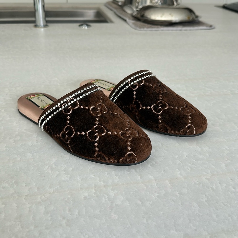 Velvet GG Monogram Crystal Womens Slipper Brown Vintage Cocoa Size 8